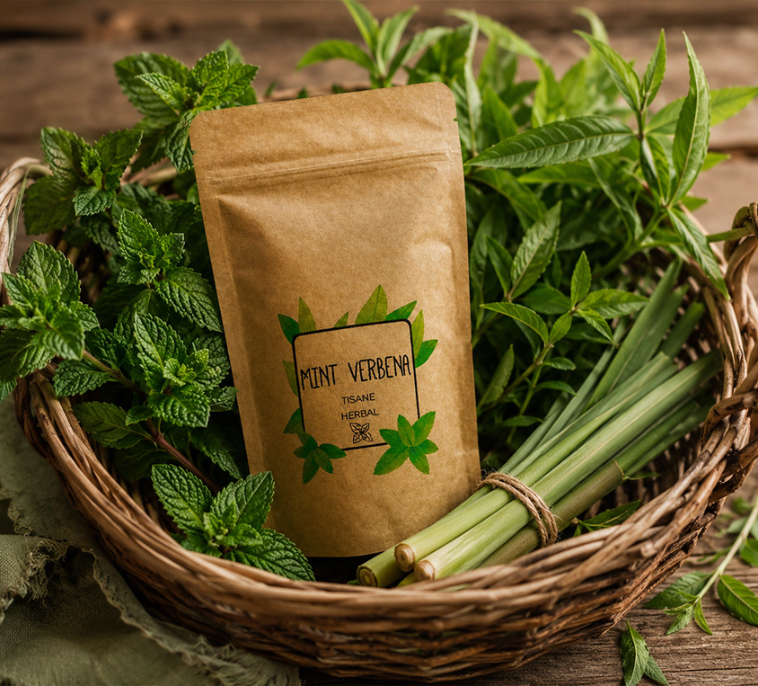 Mint Verbena Leo Tea – elegancka puszka, doypack i kubek prezentowy